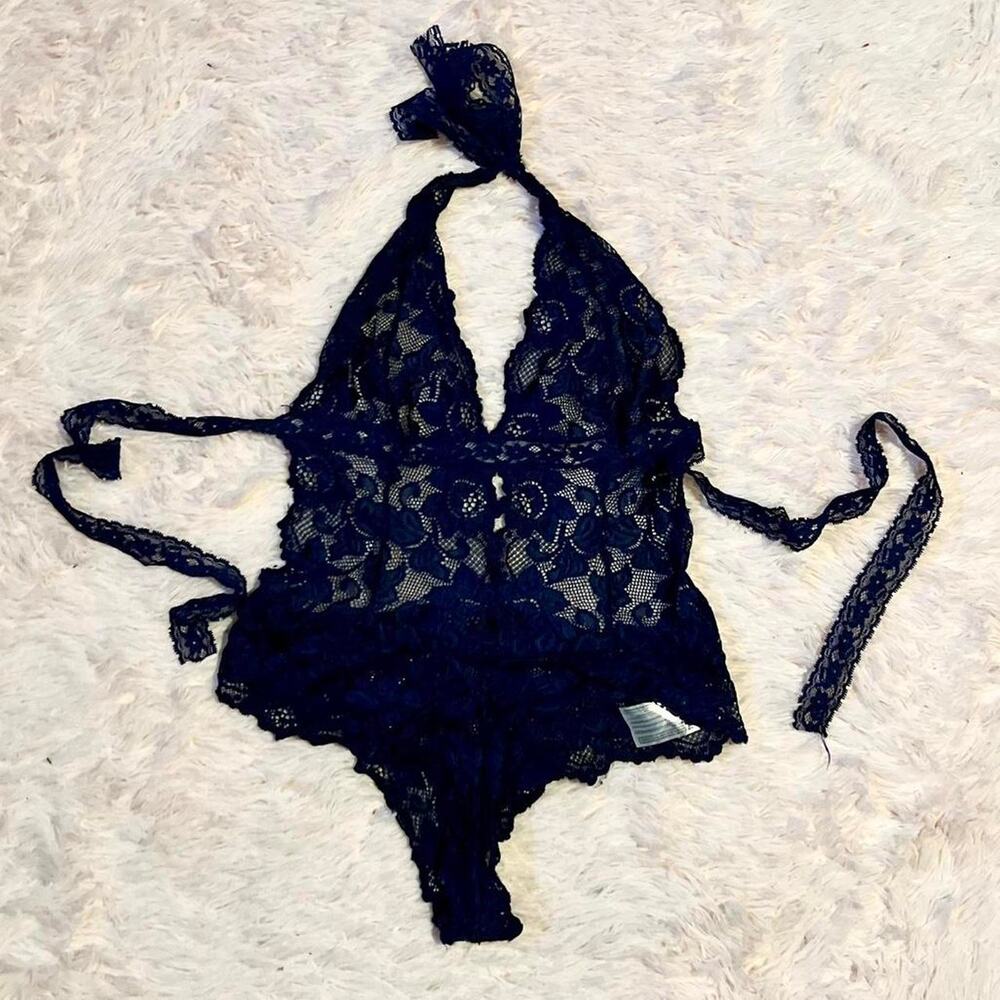 Navy Lace Sexy Sheer Whimsical‎ Fairy Core Mysterious Halter Lingerie Bodysuit
